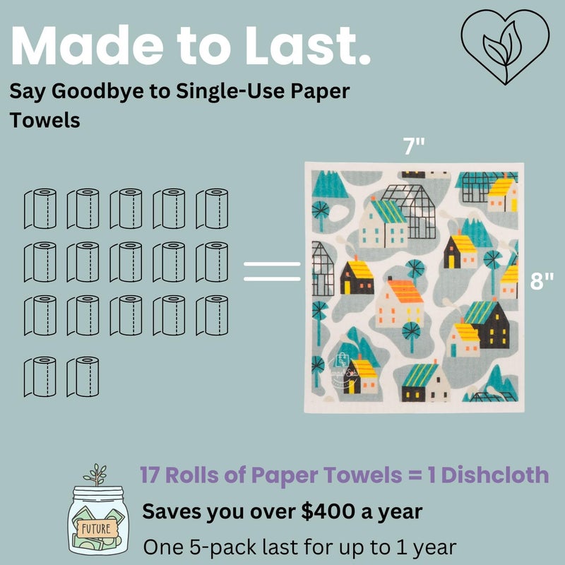 Harps&Seb Swedish Dishcloths for Kitchen Dish Towels - 5 Pack, Non-Scratch Reusable Paper Towels, Super Absorbent Washable Swedish Dish Cloths, No Odor, Biodegradable, Home Design - Image 5